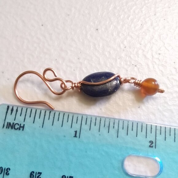 Copper Wire Wrapped Earrings ~ Lapis Lazuli & Russet Agate | Fall Jewelry - Picture 7 of 9